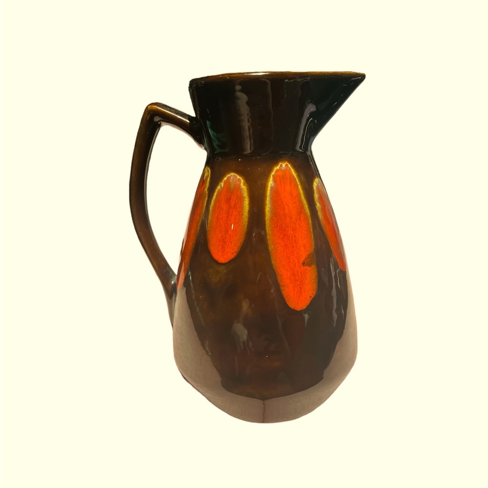Vintage MCM orange /brown gold ceramic pottery vase with handle.